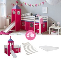 Hochbett Kinder 90x200 cm Matratze Rutsche Turm Bett Lattenrost Pink Homestyle4u