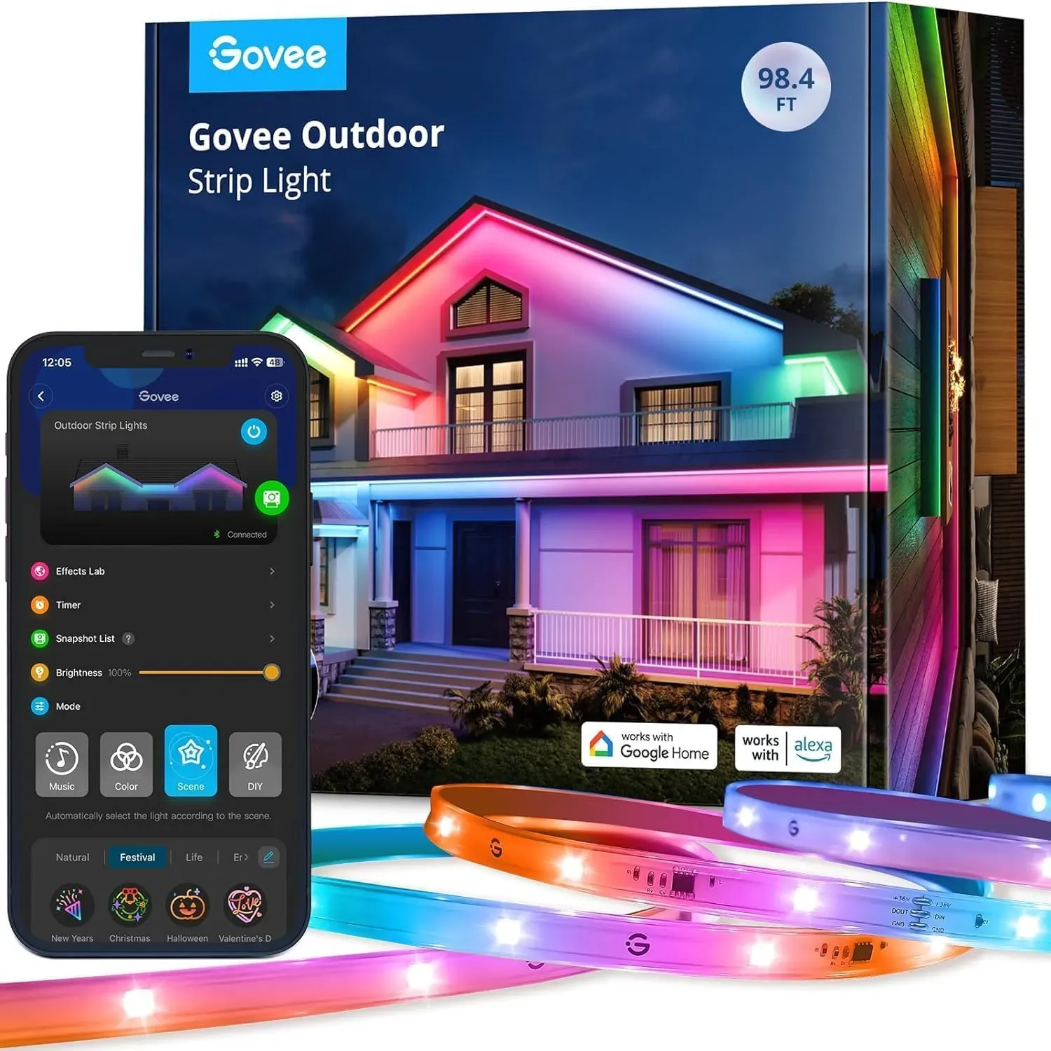 Govee Outdoor LED Strip 30m, IP65 Wasserdicht, Funktioniert mit Alexa, App-Steuerung, RGBIC LED Streifen mit Segmentsteuerung, Farbwechsel, Musik Sync, für Dach Balkon Garten Weihnachtsdeko Outdoor