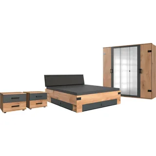 Wimex Schlafzimmer-Set Stockholm, rustikaler Look im Industrial Design, (Set), 6-teilig, Kleiderschrank mit Spiegel, Bett inklusive Schubladen braun