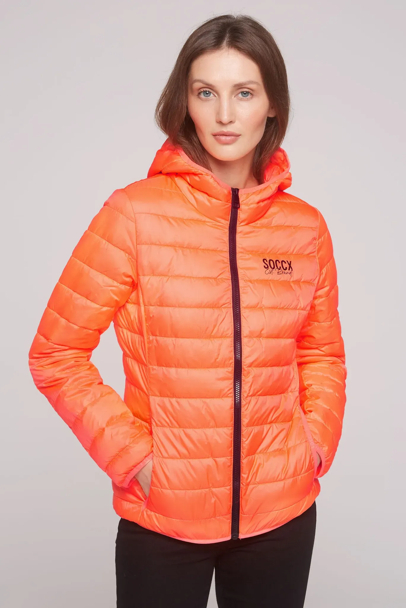 Outdoorjacke SOCCX, Damen, Gr. 3XL, orange, Steppware, Material: 100% Polyester, Futter: 100% Polyester, Füllung: 100% Polyester, bedruckt, bestickt, slim fit normal, eingesetzt elastischer Bund, Jacken Outdoorjacke, mit elastischem Saumabschluss