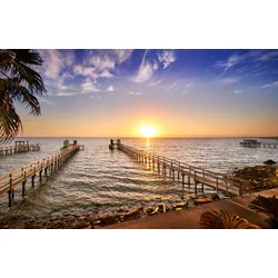 Fototapete PAPERMOON "HOLZ-BRÜCKE-TEXAS PIER STEG MEER SEE STRAND SONNE BUCHT", bunt, B:3,50m L:2,60m, Vlies, Tapeten