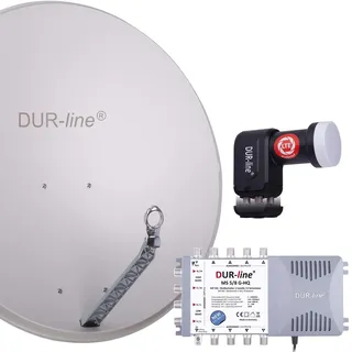 DUR-line 8 Teilnehmer Set - Qualitäts-Alu-Satelliten-Komplettanlage - Select 85cm/90cm Spiegel/Schüssel Hellgrau + Multischalter + LNB - für 8 Receiver/TV [Neuste Technik, DVB-S2, 4K, 3D]