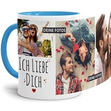 Tassendruck Fototasse mit Spruch - Ich Liebe Dich - zum Selbst gestalten mit 3 Fotos, Innen & Henkel Hellblau, 300 ml