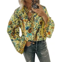 ORANDESIGNE Damen Vintage Bohemian Blusen Hippie Blumen Bluse Boho Tunika Elegante Oberteile Tops Langarm Shirt A Gelb XXL - XXL
