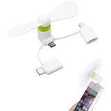 Mini-Handy-Lüfter, 3 in 1 Mini-Handy-Ventilator, Tragbarer Kühler Rotierender Ventilator, Tragbarer Mini-USB-Handy-Lüfter, 3-in-1-Lüfter Kompatibel mit iPhone/Typ C/Lightning-Port-Ventilator, Weiß