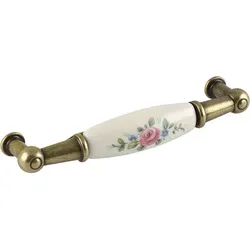 Schörghofer & Frehe Griff Landhausstil Rose - Porzellangriff für Möbel - Möbelgriff bemalt, LA96mm, Breite 107mm Porzellan / Zinkdruckguss