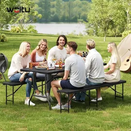 Woltu Bierzeltgarnitur Campingtisch & 2 Bierbank mit Tragegriffe Klappbar