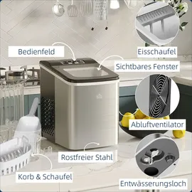 Homcom Eiswürfelmaschine Eiswürfelbereiter 9 Würfel in 8 Minuten fertig, 12 kg in 24 h, Selbstreinigende Tragbare Ice Maker für Küche, Büro, Bar
