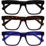OPULIZE ERA Blaulichtfilter Lesebrille für Damen Herren - Entspiegelt & blendfrei - 3er-Pack UV400-Schutz - Großer rechteckiger Rahmen - Computerbrillen Gaming - Schwarz Braun Blau - +1,00