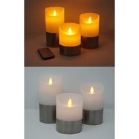 3x flammenlose LED echtwachs Kerzen weiß mit Silberring Stumpenkerzen mit realer Flammenoptik und Fernbedienung