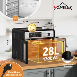 Homelux Heißluftfritteuse XXL Minibackofen mit Umluft, 1700W 18 Programme, 7 Zubehörteile inkl. Drehspieß, Doppelventilator, Heißluft-Backofen,