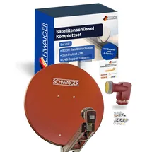 Schwaiger Satellitenschüssel Komplettset - Ø 80 cm Aluminium Offset Antenne in Ziegelrot - Inkl. Quad LNB 4-Fach & LNB Doppel-Tragarm - Digital HD & 4K Empfang - Integrierte Kabelführung & wetterfest