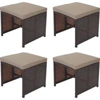 Mendler 4er-Set Poly-Rattan Hocker Kreta, Gartenhocker Sitzhocker braun, Kissen