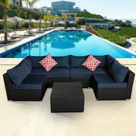 MuCoLa Gartenmöbel 7tlg. Sitzgruppe Polyrattan Sofa Sitzkissen Lounge Sitzgarnitur Set Couch Gartenset Essgruppe - Schwarz/Blau - Schwarz