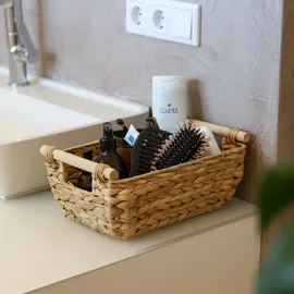 HMF Aufbewahrungskorb Badezimmer geflochten aus Wasserhyazinthe mit Holzgriffen 32 x 22 x 12 cm beige