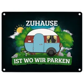 trendaffe Zuhause ist wo wir parken Metallschild mit Camping Motiv Wohnwagen Wohnmobil