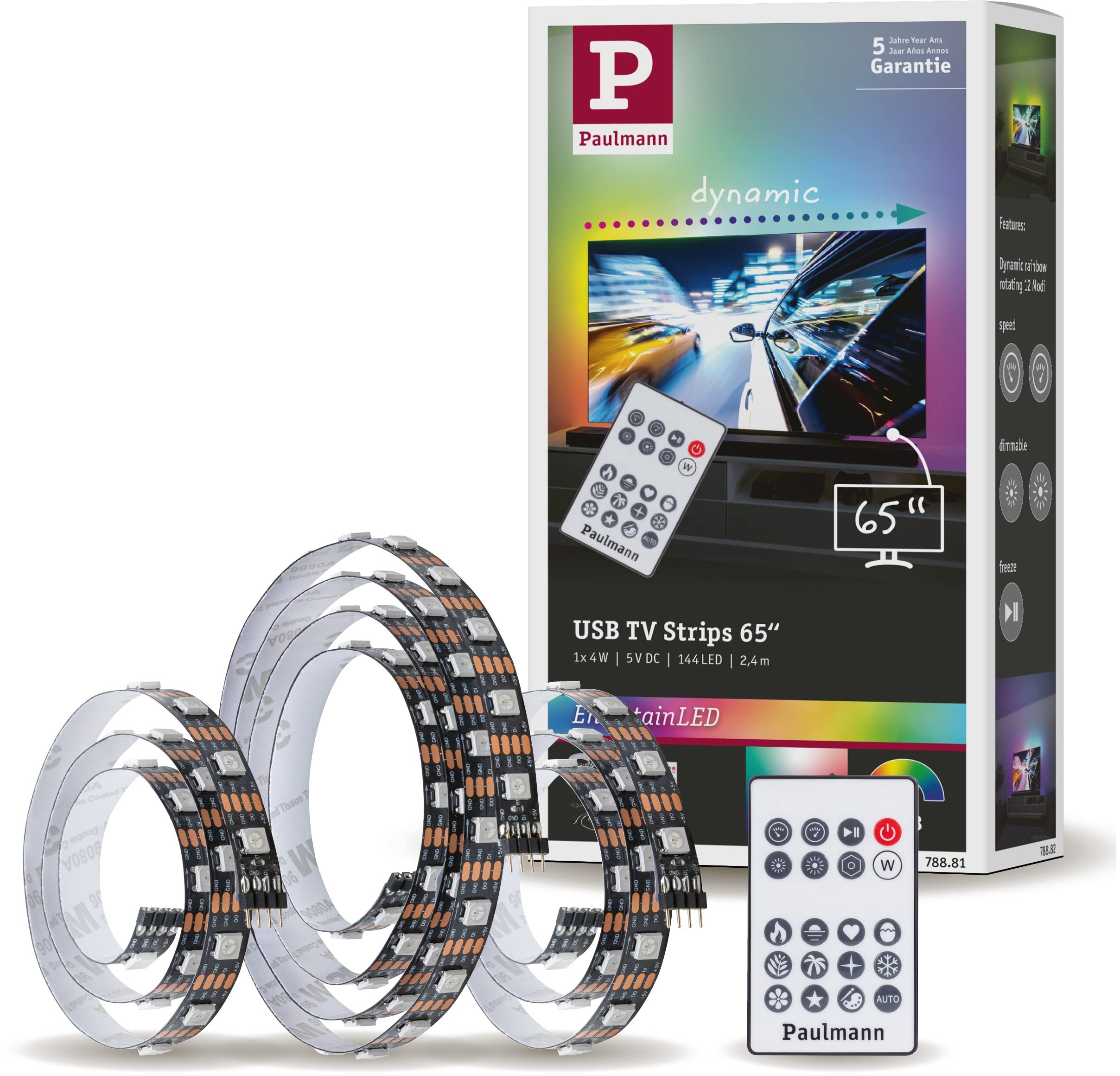 Paulmann 78881 LED Stripe USB TV-Beleuchtung 65 Zoll 2,4m 60LEDs/m Dynamic Rainbow RGB incl. 1x4 Watt dimmbar Lichtband Schwarz Kunststoff