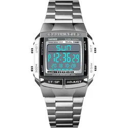 SKMEI 1381 Männer Analog Digital Uhr Mode Lässig Sport Armbanduhr 2 Zeit 5 Alarm 3ATM Wasserdichte Edelstahl Armband silber
