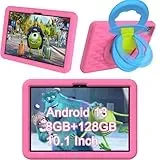 HEMUYT Android 13 Tablet für Kinder 10,1 Zoll, 8 GB RAM + 128 GB ROM, WiFi, Akku 6000 mAh, stoßfeste EVA-Schutzhülle, Kindersicherung, Dual-Kamera (Rosa)