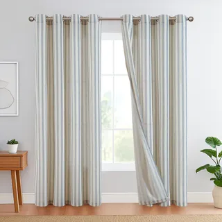 TOPICK Leinen Gestreifte Vorhänge Blau Streifen Gardinen mit Ösen Ticking Streifen Muster Leinenoptik Vorhänge Lichtfilterung für Wohnzimmer Nadelstreifen Gardine Blickdicht 2 Stück 130x225cm