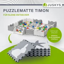 Juskys Kinder Puzzlematte Timon 36 Teile mit 16 Tieren - rutschfest – grau weiß