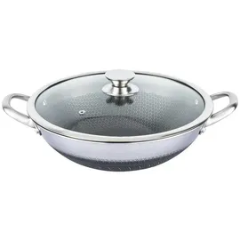 4big.fun Wok Bratpfanne aus Edelstahl 36 cm Antihaft Wabenstruktur Wokpfanne mit Glasdeckel Asia Schmortopf ofenfest Induktion