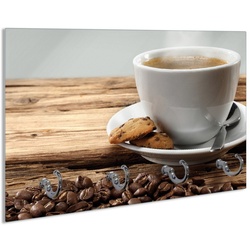 Wallario Schlüsselbrett Heiße Tasse Kaffee mit Kaffeebohnen, (inkl. Aufhängeset), 30x20cm, aus ESG-Sicherheitsglas braun