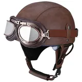 Motorrad Vintage Helm Aus Deutschem Leder Mit Offenem Gesicht Mit Schutzbrille Verstecktem Visier Chopper-Pilot Moped Fahrrad Cruiser Scooter DOT/ECE-geprüft