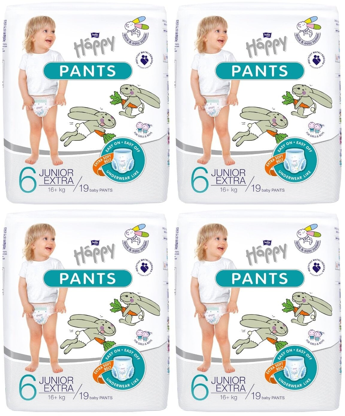 bella baby Happy Pants Gr.6 Junior Extra 16+ kg, 4er Pack (4 x 19 Stück): Höschenwindeln für Kinder, Ideal beim Töpfchentraining, frei von Chlor, Parfüm und Latex