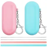 2-Set Silikon Strohhalme mit Fall, faltbare tragbare Trinkhalme, Tiefenreinigung Bürste Tragetasche mit Schlüsselanhänger, für Reise (Rosa, Blau)