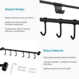 Intirilife Hängeleiste Edelstahl mit 7 Haken 39,6 x 3,4 x 2,2 cm schwarz