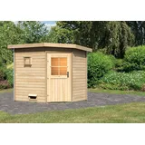 Karibu Saunahaus Außensauna Gartensauna Mikka mit Eckeinstieg unbehandelt ohne Zubehör 38mm Massivholz 231x196x226 cm mit Classic Tür