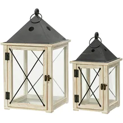 Laternen Holz FSC 100% Metall 24x46cm / 18x34,5cm mit Henkel 2er Set Windlicht Laterne Aufhängen Hinstellen Innen Außen Deko Holzlaterne Kerzenhalter