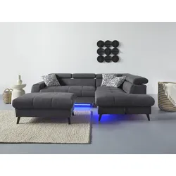 Ecksofa COTTA "Mia L-Form", grau (dunkelgrau), B:244cm H:74cm T:193cm, 100% Polyester, Sofas, 3-tlg.-Kissen-Set, Ottomane, wahlweise mit oder ohne RGB-Beleuchtung