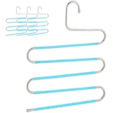 Relaxdays Mehrfach Hosenbügel, 4er Set, S-Form, 5 Stangen, rutschfest, platzsparende Multibügel, Metall, Silber/hellblau