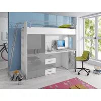Compleo Jugendbett Hochbett mit einer Leiter, Kleiderschrank und Schreibtisch MOES, Kinderzimmmer, Jugendzimmer grau