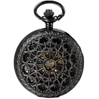 JewelryWe Retro Taschenuhr Herren Handaufzug: Vintage Hohle Spinnennetz Römische Ziffern Handaufzug Mechanische Kettenuhr Männer Skelett Uhr Schwarz mit Halskette Kette und Geschenkbox