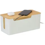 Relaxdays Kabelbox für 2 Steckdosenleisten, Bambusdeckel, Kunststoff, HBT: 13 x 31 x 14 cm, Kabel verstecken, weiß/natur