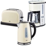 KHG Frühstücksset 3-teilig Wasserkocher, Toaster & Kaffeemaschine, Creme Beige Retro American Diner Stil, Kapazität 1,7 Liter, 2 Toastscheiben, 12 Tassen Kaffee, 360° Sockel, 6 Röststufen, LCD-Anzeige