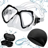 MengQiLe Taucherbrille Erwachsene, Anti-Fog Tauchmaske, 180°Panorama HD Anti-Leck Taucherbrille mit Nasenabdeckung, Verstellbares Silikonband Schwimmbrille für Schnorcheln Schwimmen-Schwarz