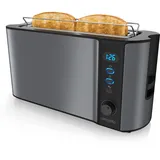 Arendo - Toaster Langschlitz - 2 Scheiben - Defrost Funktion - Wärmeisolierendes Doppelwandgehäuse - mit Brötchenaufsatz - herausziehbare Krümelschublade - Cool Grey Design