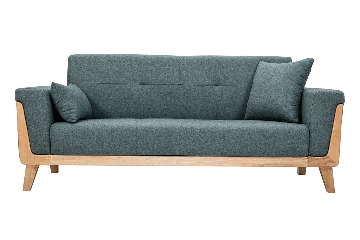 Canapé scandinave 3 places en tissu vert de gris et bois clair FJORD