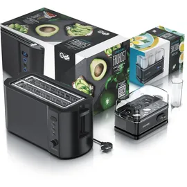 Arendo - Set Toaster FRUKOST mit Eierkocher SIXCOOK Edelstahl Schwarz, Toaster 4 Scheiben, LED-Display, 6 Bräunungsgrade, Brötchenhalter - Eierkocher