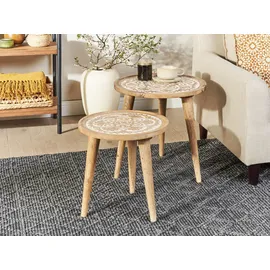 Beliani Beistelltisch 2er Set SAKITA Mango Holz Braun / Weiß