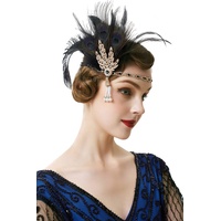 BABEYOND 1920s Stirnband mit Feder Strass Blatt Muster Damen 20er Jahre Stil Flapper Charleston Haarband Great Gatsby Damen Fasching Kostüm Accessoires (Pfau Schwarz)