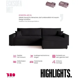 bromarkt Ecksofa Adi XL Schlaffunktion Bettkasten L-Form, 125x230 cm Schwarz - Schwarz