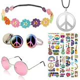 ENYACOS Hippie Accessoires Set für Damen 6-teiliges Karneval & Faschingskostüm mit Peace Kette, Hippie Brille, Flower Power Stirnband,Hippie tattoos – 70er Jahre Retro Kostüm Zubehör für Fasching (A)