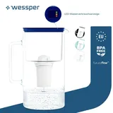 Wessper D2 Borosilikatglas-Filterkanne FutureFlow 3 l | Wessper Wasserfilterkanne 3 l Wasserfiltersystem Blau | 1x Wasserfilterkartusche - Blau