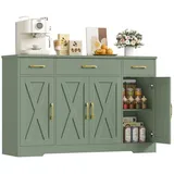 HOMECHO Sideboard, 140cm Breite Küchenschrank 3 Schubladen 4 Türen, Verstellbaren Regalen grün