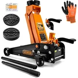 Verda Hydraulischer Wagenheber 3T mit Fußpedal, 130-490mm, 2X Gummi, Profilmesser, Handschuhe Rangierwagenheber Heber, PKW, Profi, Auto, Werkstatt, Wohnmobil, Geländewagen, Doppelpumpsystem
